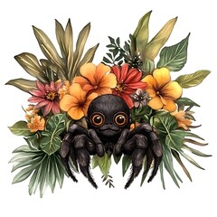 Wall Mural - Adorable Black Spider Surrounded by Tropical Flowers.