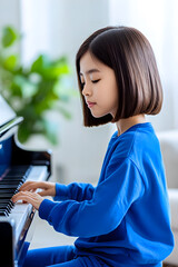 Asian girl with bob haircut in blue shirt playing piano in a cozy home, filling the space with music. Education, music concept.