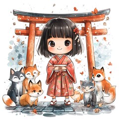 Poster - Adorable Anime Girl in Traditional Japanese Clothing with Foxes and a Cat.