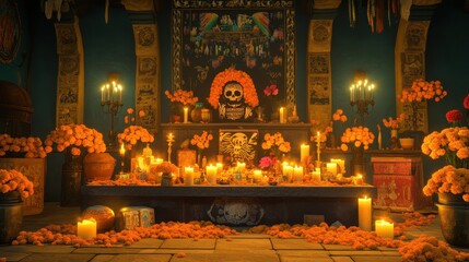 Vibrant and Colorful Day of the Dead Altar with Candles, Flowers, and Skeleton Decorations