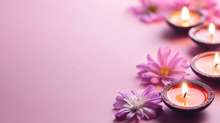 Burning Diwali diya oil lamps with flowers. Beautiful happy Diwali background. Indian festival of lights.