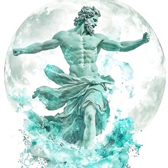 Wall Mural - Watercolor Painting of a Muscular Greek God Emerging from the Sea with a Full Moon in the Background.