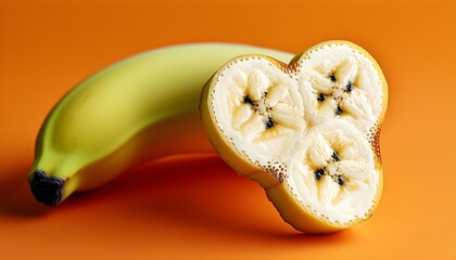 Wall Mural - Heart-shaped banana slice against a soft pastel orange background