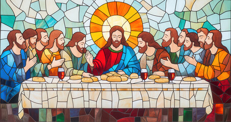 Stained glass depiction of the Last Supper featuring Jesus and apostles with colorful mosaic details in an artistic representation