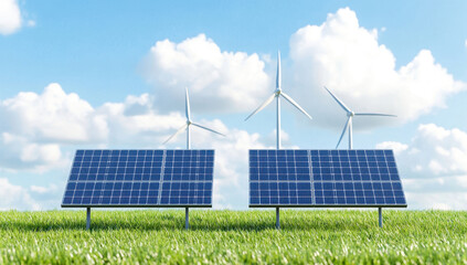 Black and white storyboard sketch featuring two solar panels against a backdrop of wind turbines on a clear, sunny day.