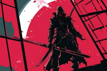 Canvas Print - Silhouetted Assassin with Red Eye and Sword, Red Moon in the Background.