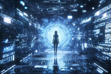 Canvas Print - Woman Walking Through a Digital Tunnel, Conceptual Image of the Metaverse.