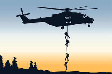 Poster - Silhouette of a combat helicopter with soldiers, side view, nh 90 in french army, vector drawing can be used for web, sticker, patch, logo, illustration and infographic