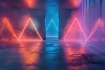 A room with three neon colored triangles and a blue and red wall