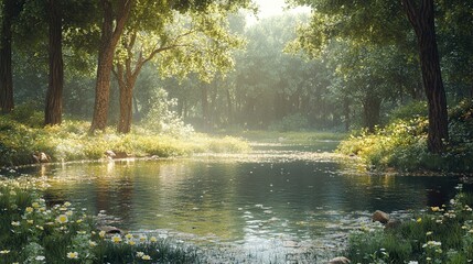 Poster - Serene Forest River Landscape - Tranquil Nature Photography