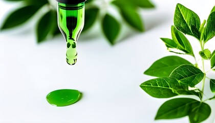 Canvas Print - Natural plant essence in a dropper with fresh leaves, capturing the essence of nature through vibrant green liquid and a gentle falling drop on a clean white backdrop