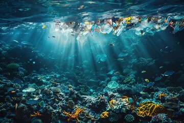 A beautiful blue ocean with a lot of fish and coral