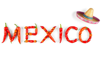 MEXICO text made of chili peppers and sombreros on a background. Generative AI