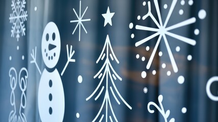 Wall Mural - Festive Window Decals: Snowman, Tree, and Snowflakes