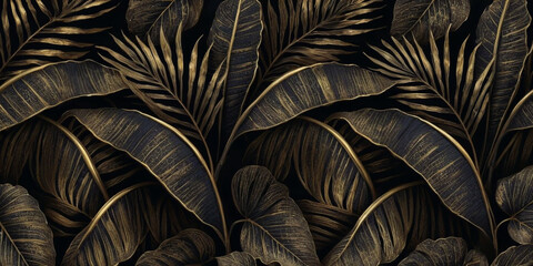 Golden leaves on a black background. Drawing for photo wallpapers. Beautiful background with tropical leaves.