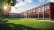 © Daniel - An exterior view of a public school building yard. College or university architecture, an outdoor view of a campus, high school construction, college or university landscape design.