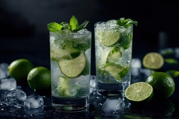 Two tall glasses of classic mojitos filled with crushed ice, fresh lime slices, and mint leaves