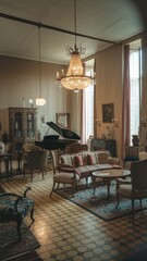 Sticker - Elegant Vintage Living Room with Piano and Chandelier