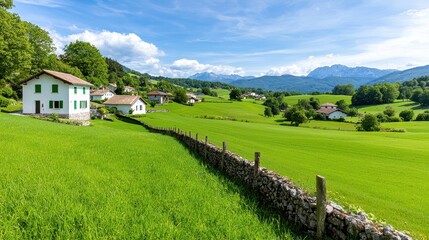 Scenic Green Landscape with Houses and Mountains