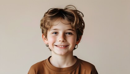 Wall Mural - Joyful boy in casual attire against a warm beige backdrop