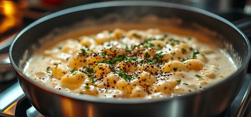 Wall Mural - Creamy Gnocchi with Parsley and Black Pepper in a Frying Pan.