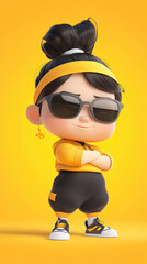 Wall Mural - 3D animated cute character wearing oversized sunglasses and casual clothing in a playful confident pose with a cartoonish and trendy design