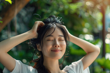 Joyful Asian woman surrounded by sparkling lights, her expression one of pure happiness and contentment.