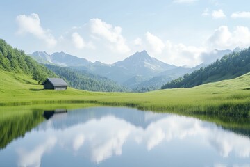 Poster - Charming Small House Surrounded by Tranquil Waters, Nestled in the Heart of a Serene Lake, Evoking Peace and Solitude in Natures Embrace