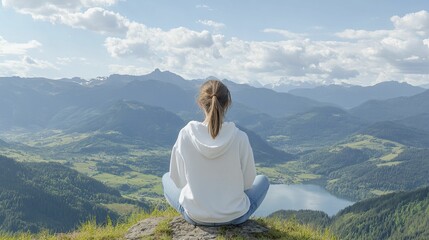 Poster - Contemplative Woman Seated on a Majestic Mountain Peak, Embracing Natures Beauty and Serenity Amidst Breathtaking Scenic Views