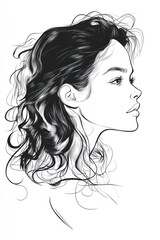 A black and white profile of a young woman with flowing hair, drawn in a simple and clean outline