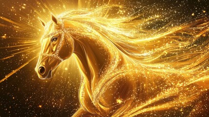 Majestic golden horse in a powerful pose, illustrated in vector art, with flowing mane and a backdrop of glittering jewelry rays