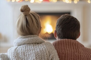 Poster - Cozy Couple Enjoying Warmth and Intimacy by the Fireplace in a Relaxing Living Room Setting with Soft Lighting and Inviting Atmosphere