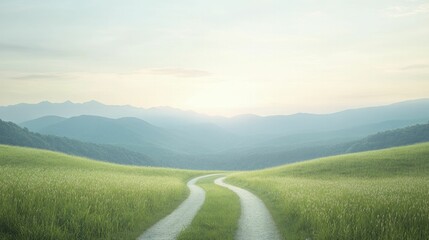 Poster - Serene Country Road Winding Through Lush Green Fields Under a Clear Blue Sky, Inviting Adventure and Tranquility in Natures Embrace