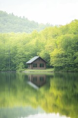 Sticker - Serene Lakeside Cabin Retreat Surrounded by Natures Beauty, Reflected in Calm Waters Under a Clear Blue Sky