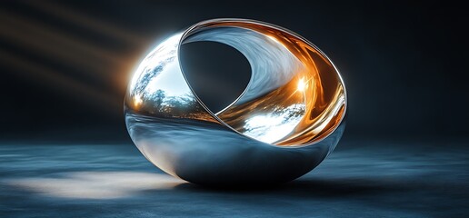 Abstract metallic sculpture with a reflective surface.