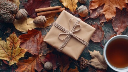 Wall Mural - Cozy Autumn Delight: A Gift Amidst the Fallen Leaves