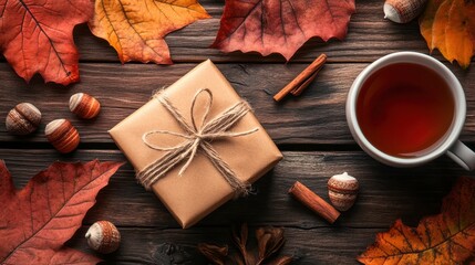 Sticker - Cozy Autumn Atmosphere with Gift Box and Hot Drink