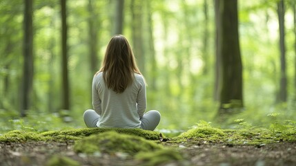 Sticker - Serene Woman Meditating Amidst Lush Green Forest, Embracing Natures Tranquility and Inner Peace Through Mindfulness and Relaxation