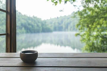 Poster - Simple Elegance: A Rustic Bowl Centered on a Wooden Table, Capturing the Essence of Minimalist Dining and Natural Aesthetics in a Cozy Atmosphere