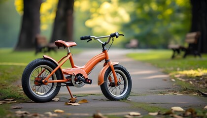 Playful childhood adventures with a small bicycle against a vibrant park backdrop