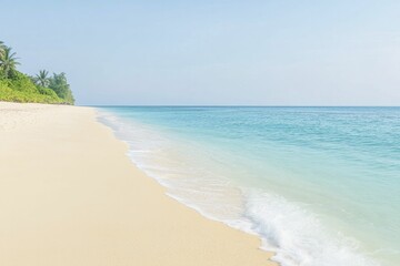 Poster - Tranquil Beach Scene Under a Clear Blue Sky, Gentle Waves Lapping at the Shore, Inviting Serenity and Natural Beauty for Relaxation and Reflection