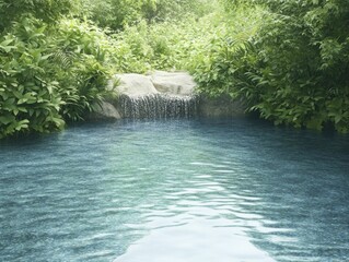 Poster - Tranquil Reflection: Serene Swimming Pool Surrounded by Lush Green Trees Under a Clear Blue Sky, Evoking a Sense of Peace and Relaxation in Nature