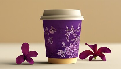 Wall Mural - Elegant purple packaging design for coffee or tea cups featuring delicate textures and intricate floral patterns