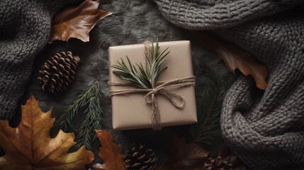 Canvas Print - Cozy Autumn Gift Box with Leaves and Pinecones