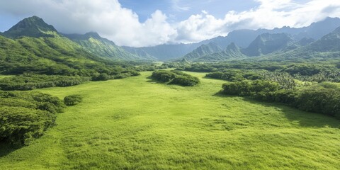 Sticker - Vibrant Lush Green Valley Surrounded by Rolling Hills Under a Clear Blue Sky, Capturing the Serenity and Beauty of Natures Landscape