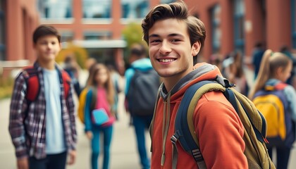 Wall Mural - Cheerful student with a backpack in front of school, smiling amidst a backdrop of fellow classmates