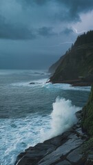 Wall Mural - Stormy Ocean Waves Against Rocky Coastline at Dusk