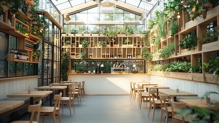 Aufkleber - Interior design of a modern restaurant in a greenhouse, with wooden tables and chairs, a white wall with small plants hanging on it, and a large glass roof ceiling. Generative AI.