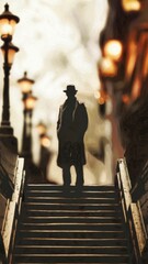 Poster - Silhouette of a Man on Stairs with Streetlamps