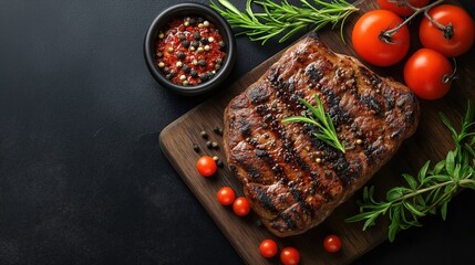 Tasty grilled beefsteak with spices on rustic cutting board plate.